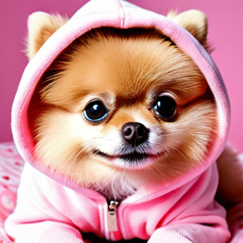 Home 11 **Prompt 1:** A heartwarming and "Instagrammable" close-up photo of a fluffy, cute **Pomeranian dog** wearing a bright pink **My Melody-themed hoodie**, sitting comfortably on a soft, pastel-colored blanket. The dog's expression is joyful and charming, looking directly at the camera with wide, expressive eyes. The background is softly blurred, emphasizing the adorable pet. The image should convey warmth, cuteness, and the popular trend of pet fashion. Use vibrant, soft lighting, high-quality photography, and a whimsical aesthetic.