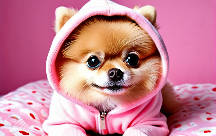 **Prompt 1:** A heartwarming and "Instagrammable" close-up photo of a fluffy, cute **Pomeranian dog** wearing a bright pink **My Melody-themed hoodie**, sitting comfortably on a soft, pastel-colored blanket. The dog's expression is joyful and charming, looking directly at the camera with wide, expressive eyes. The background is softly blurred, emphasizing the adorable pet. The image should convey warmth, cuteness, and the popular trend of pet fashion. Use vibrant, soft lighting, high-quality photography, and a whimsical aesthetic.