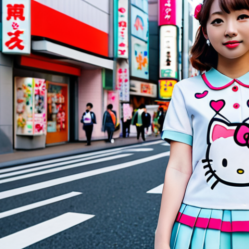 Home 6 A young woman in a kawaii-inspired, pastel-colored outfit featuring Hello Kitty details, posing in front of a vibrant, trendy Tokyo street scene. Fully clothed, appropriate attire, safe for work, perfect anatomy, natural proportions, professional photography, high quality.