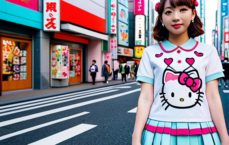 A young woman in a kawaii-inspired, pastel-colored outfit featuring Hello Kitty details, posing in front of a vibrant, trendy Tokyo street scene. Fully clothed, appropriate attire, safe for work, perfect anatomy, natural proportions, professional photography, high quality.